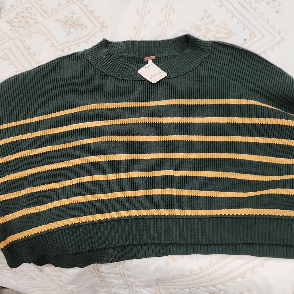 Free People Dark Green Sweater with Mustard Stripes